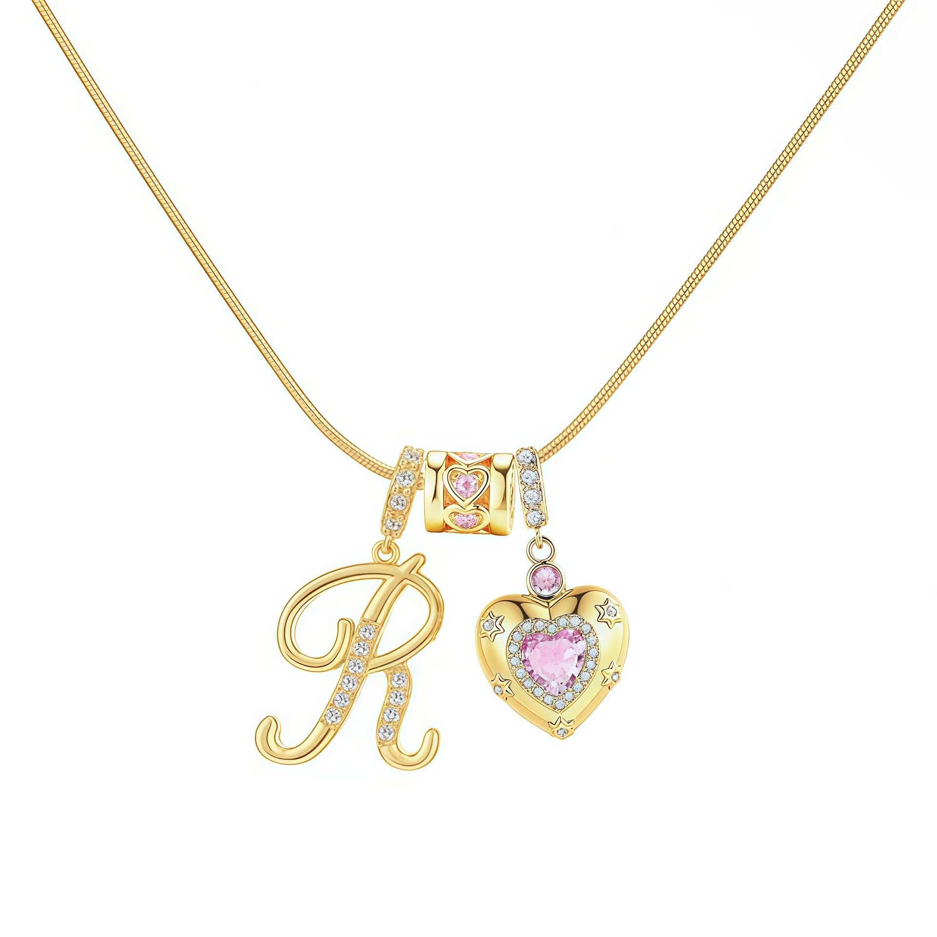 Dainty Heart Initial Letter DIY Necklace Series, 22K Gold Plated Stainless Steel Chain with Zircon Pendant
