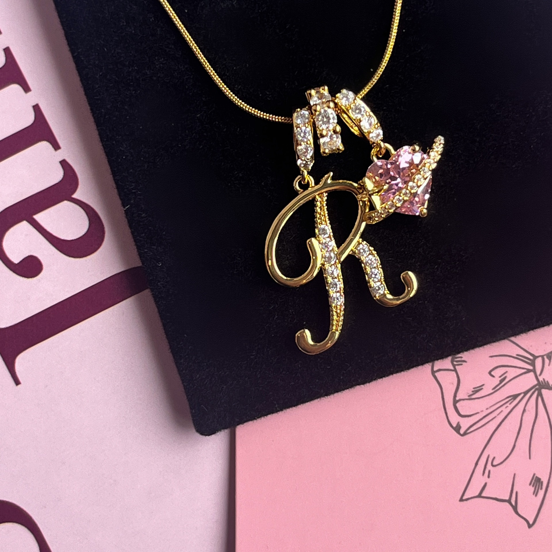 [Copy]Dainty Heart Initial Letter DIY Necklace Series, 22K Gold Plated Stainless Steel Chain with Zircon Pendant