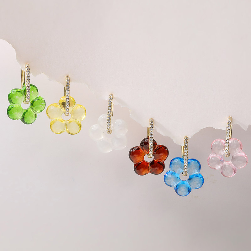 Zircon & Glass Five-Petal Flower Earrings