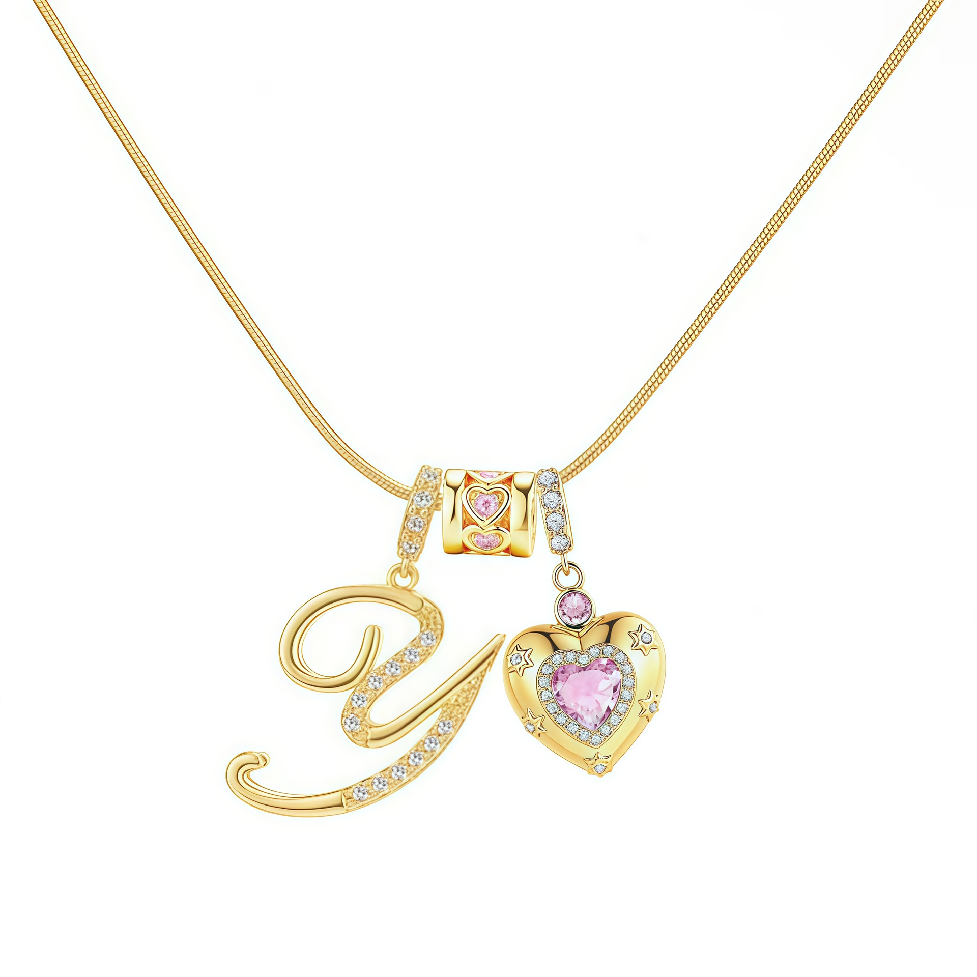 Dainty Heart Initial Letter DIY Necklace Series, 22K Gold Plated Stainless Steel Chain with Zircon Pendant