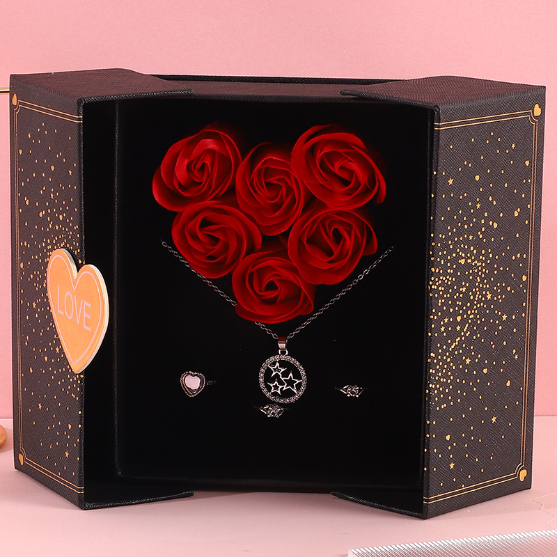 Double Opening Heart Shaped Soap Rose Jewelry Gift Box
