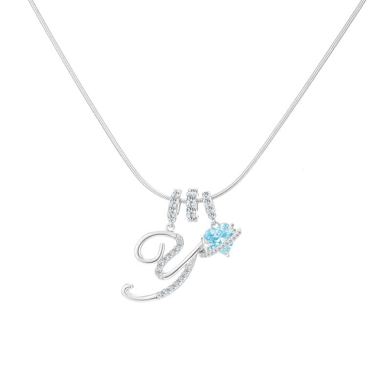Best Friend Series, Ocean Blue Sweet Heart CZ Pendant Initial Necklace, Silver Stainless Steel Snake Chain Blue Zircon Heart Letter Necklace