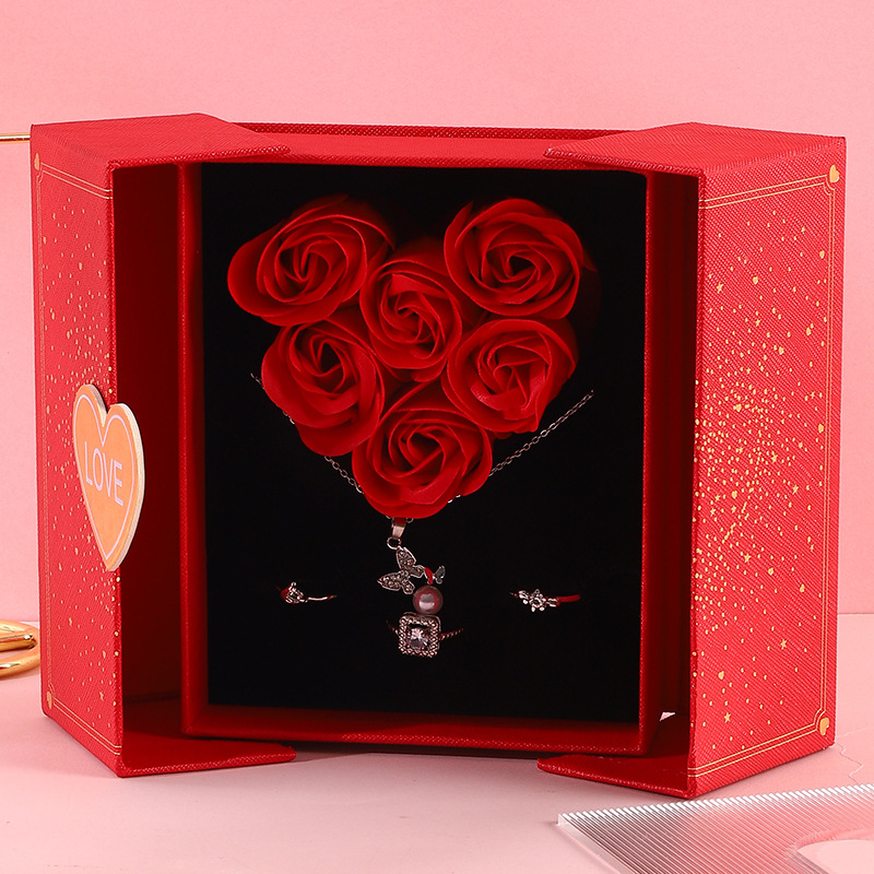 Double Opening Heart Shaped Soap Rose Jewelry Gift Box