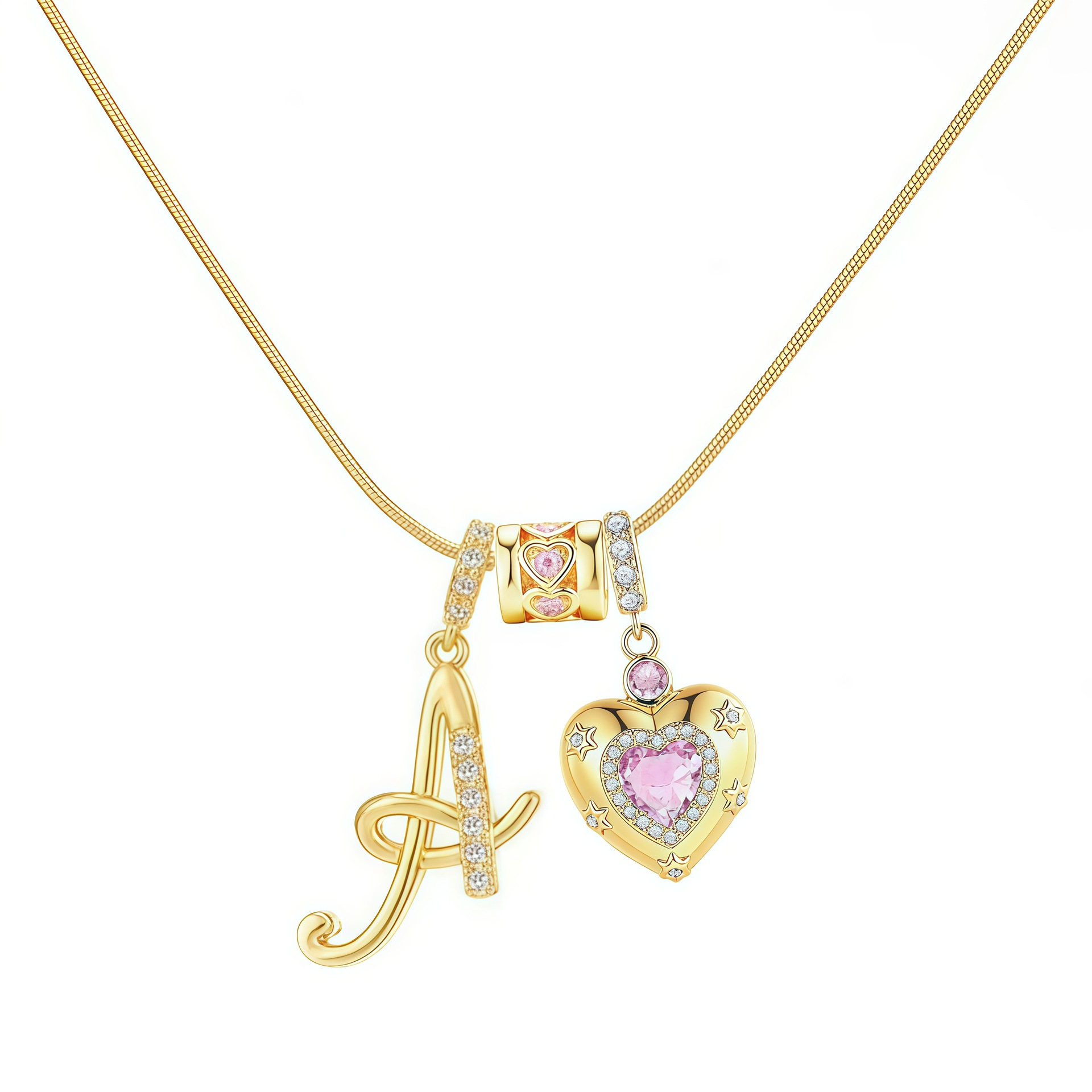 Dainty Heart Initial Letter DIY Necklace Series, 22K Gold Plated Stainless Steel Chain with Zircon Pendant