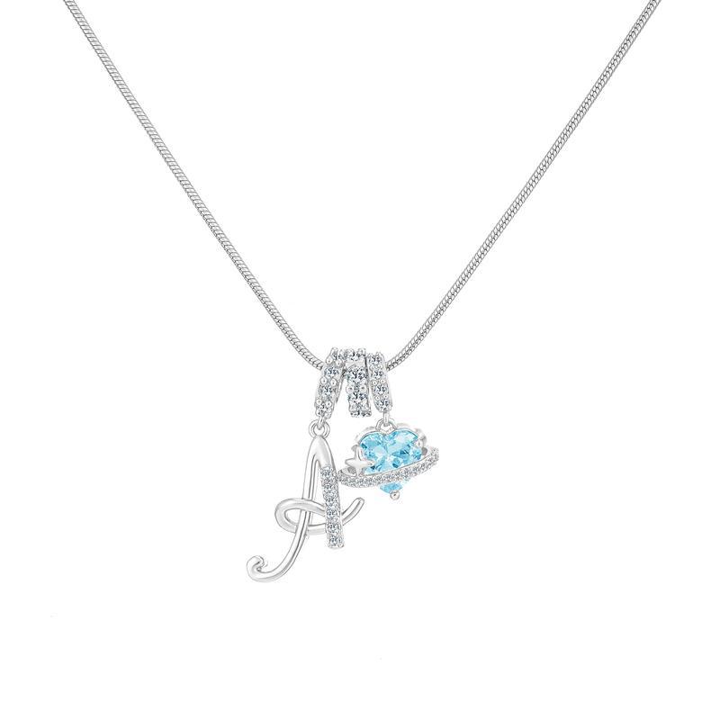 Best Friend Series, Ocean Blue Sweet Heart CZ Pendant Initial Necklace, Silver Stainless Steel Snake Chain Blue Zircon Heart Letter Necklace