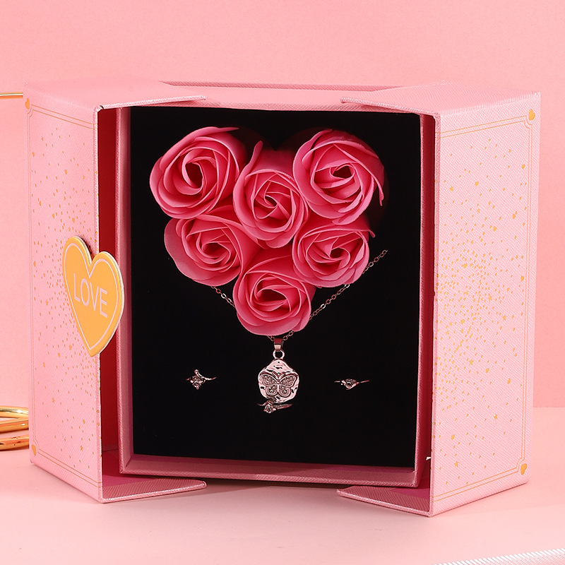 Double Opening Heart Shaped Soap Rose Jewelry Gift Box