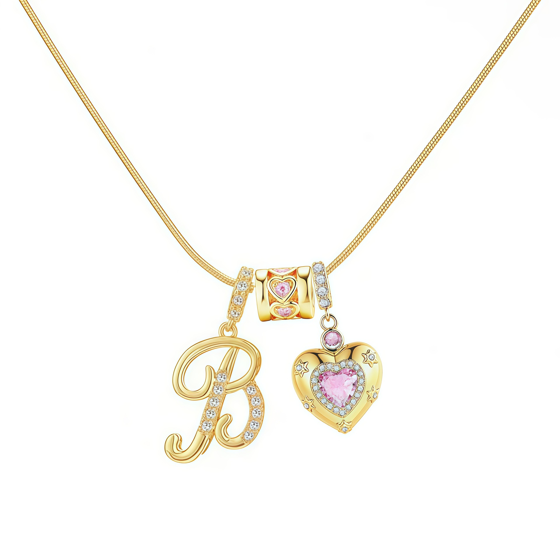 Dainty Heart Initial Letter DIY Necklace Series, 22K Gold Plated Stainless Steel Chain with Zircon Pendant