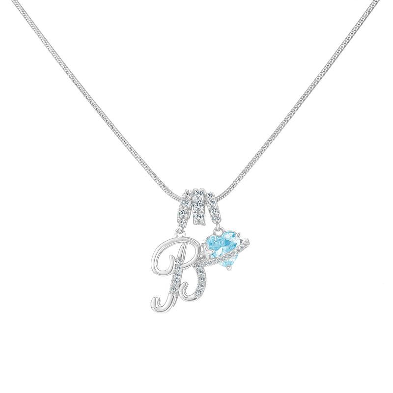 Best Friend Series, Ocean Blue Sweet Heart CZ Pendant Initial Necklace, Silver Stainless Steel Snake Chain Blue Zircon Heart Letter Necklace