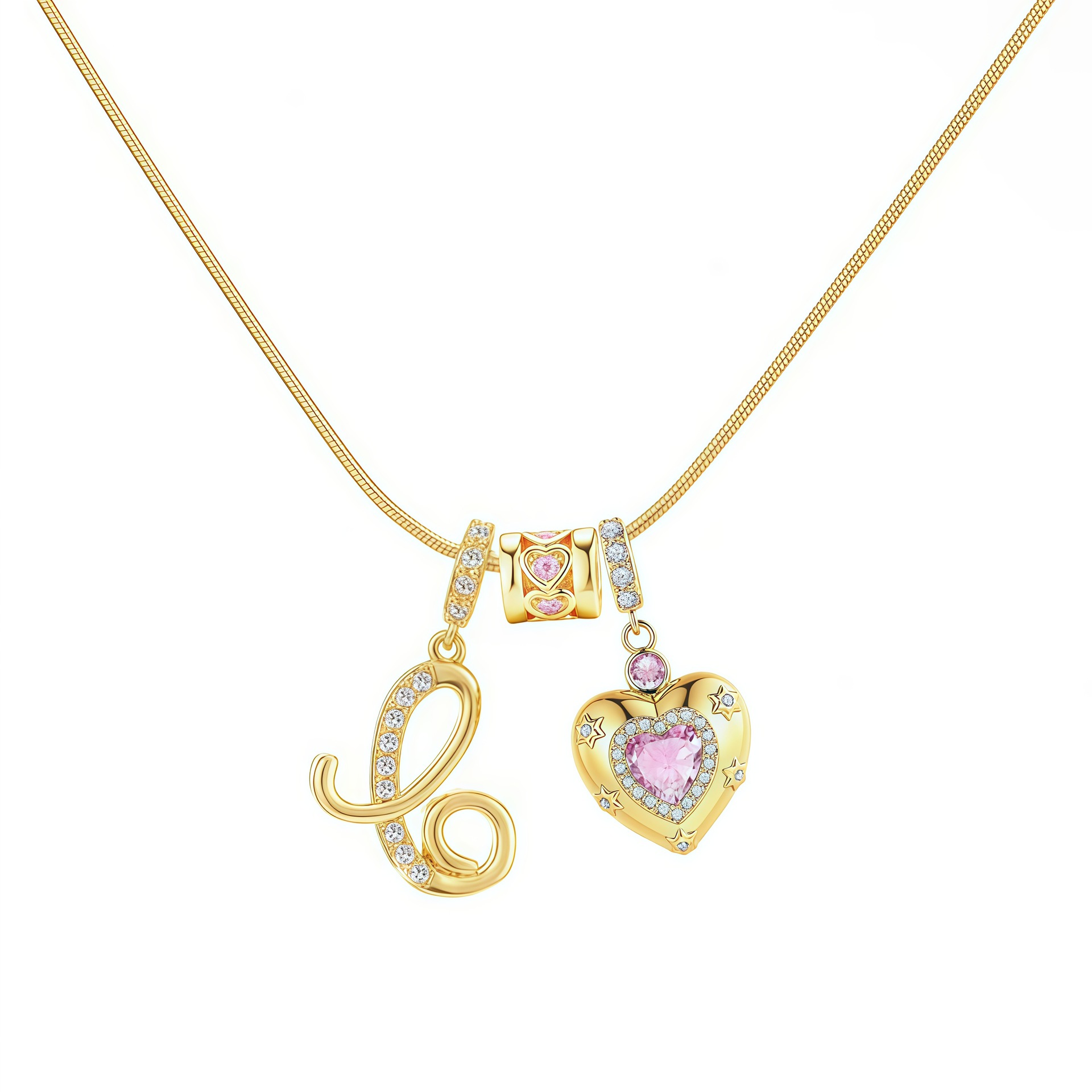 Dainty Heart Initial Letter DIY Necklace Series, 22K Gold Plated Stainless Steel Chain with Zircon Pendant