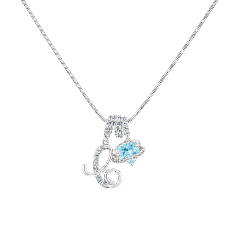 Best Friend Series, Ocean Blue Sweet Heart CZ Pendant Initial Necklace, Silver Stainless Steel Snake Chain Blue Zircon Heart Letter Necklace