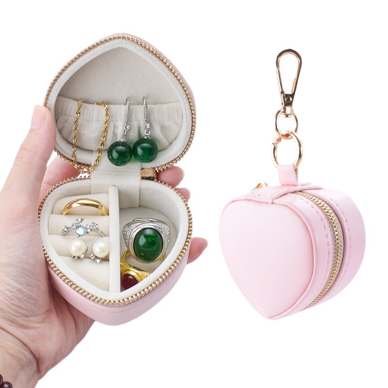 Heart Shaped Portable Keychain Jewelry Case, Mini Travel Jewelry Storage Box