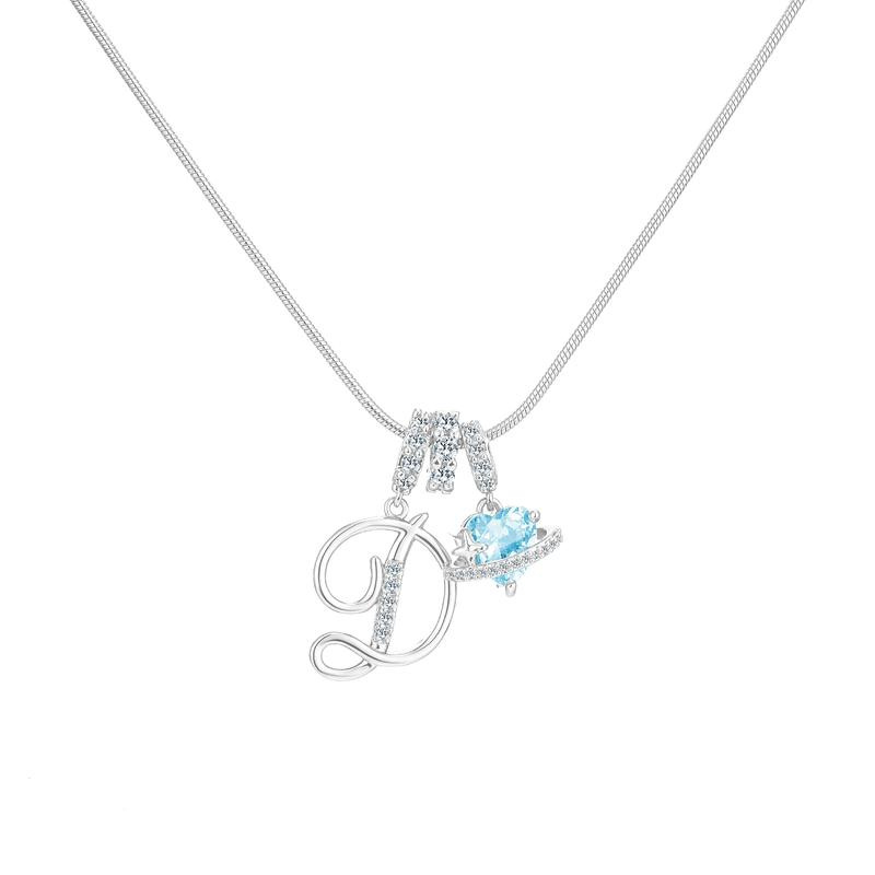 Best Friend Series, Ocean Blue Sweet Heart CZ Pendant Initial Necklace, Silver Stainless Steel Snake Chain Blue Zircon Heart Letter Necklace