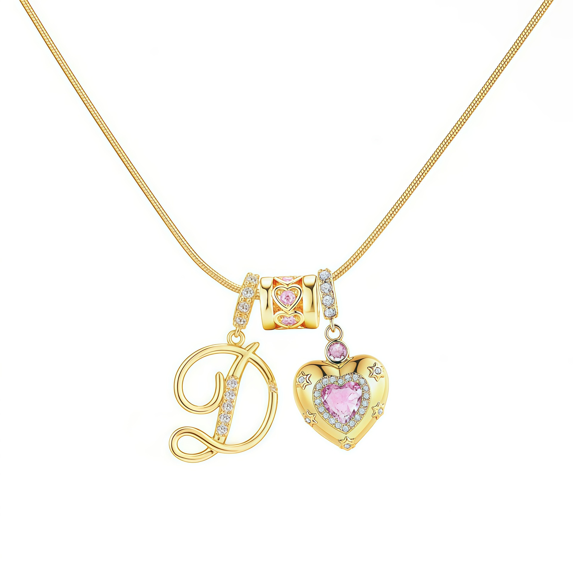 Dainty Heart Initial Letter DIY Necklace Series, 22K Gold Plated Stainless Steel Chain with Zircon Pendant