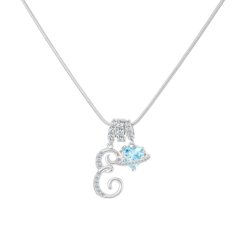 Best Friend Series, Ocean Blue Sweet Heart CZ Pendant Initial Necklace, Silver Stainless Steel Snake Chain Blue Zircon Heart Letter Necklace