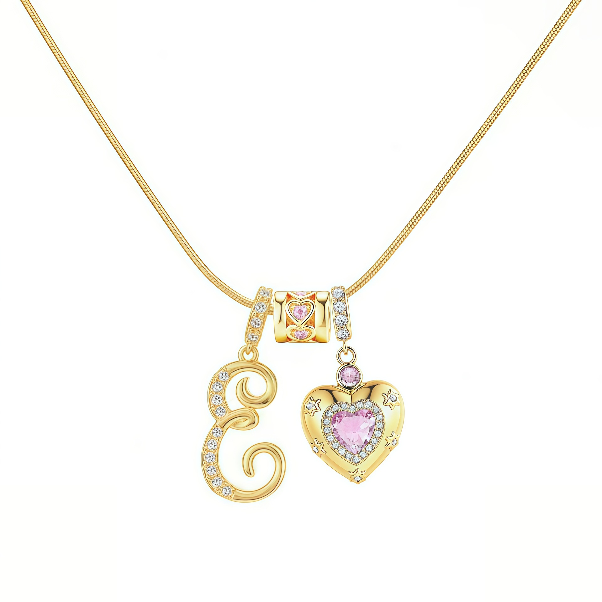 Dainty Heart Initial Letter DIY Necklace Series, 22K Gold Plated Stainless Steel Chain with Zircon Pendant