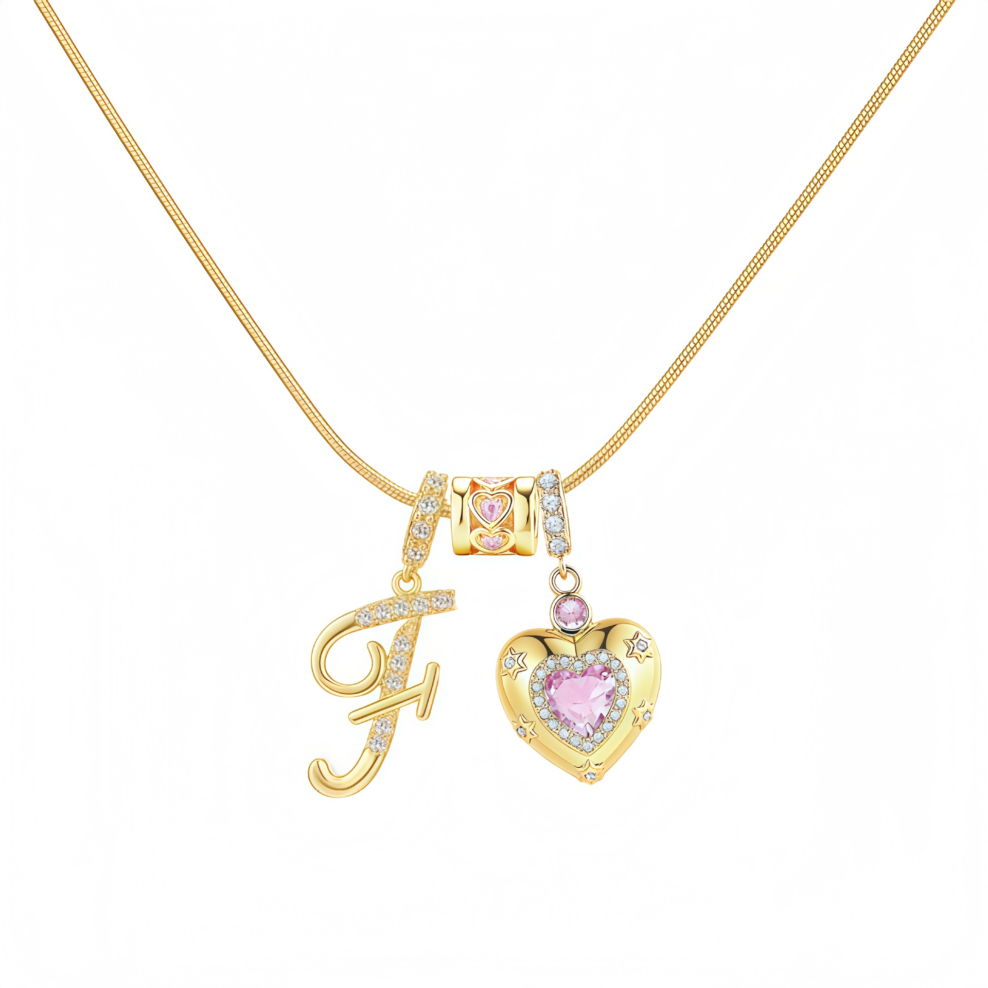 Dainty Heart Initial Letter DIY Necklace Series, 22K Gold Plated Stainless Steel Chain with Zircon Pendant