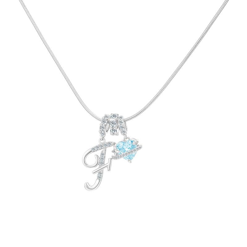 Best Friend Series, Ocean Blue Sweet Heart CZ Pendant Initial Necklace, Silver Stainless Steel Snake Chain Blue Zircon Heart Letter Necklace