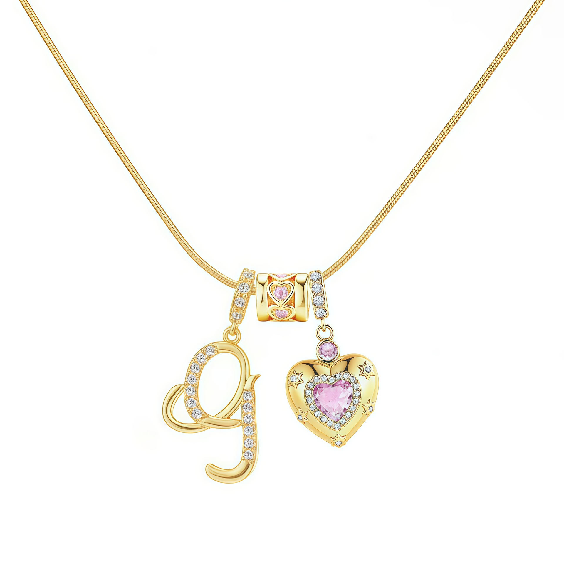 Dainty Heart Initial Letter DIY Necklace Series, 22K Gold Plated Stainless Steel Chain with Zircon Pendant