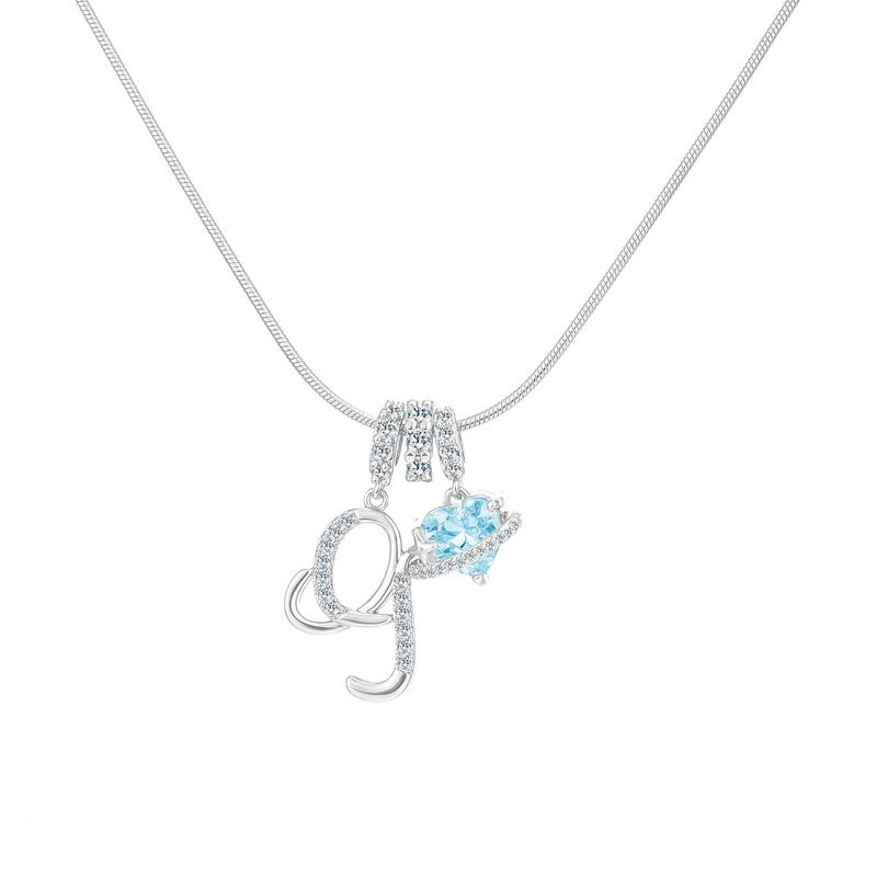 Best Friend Series, Ocean Blue Sweet Heart CZ Pendant Initial Necklace, Silver Stainless Steel Snake Chain Blue Zircon Heart Letter Necklace