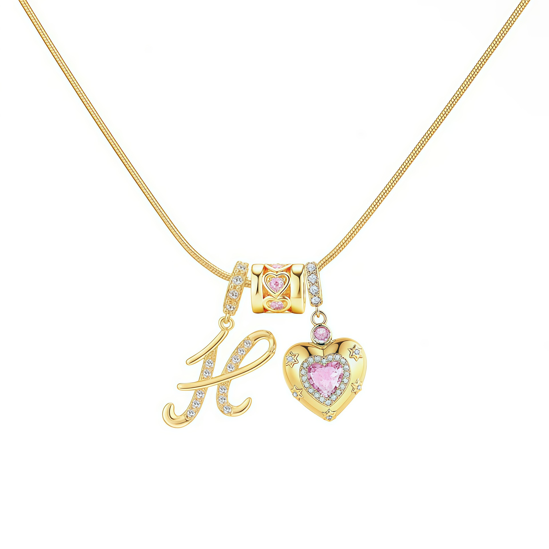 Dainty Heart Initial Letter DIY Necklace Series, 22K Gold Plated Stainless Steel Chain with Zircon Pendant