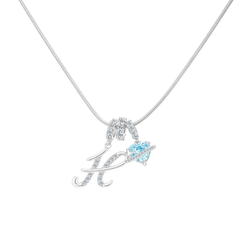 Best Friend Series, Ocean Blue Sweet Heart CZ Pendant Initial Necklace, Silver Stainless Steel Snake Chain Blue Zircon Heart Letter Necklace