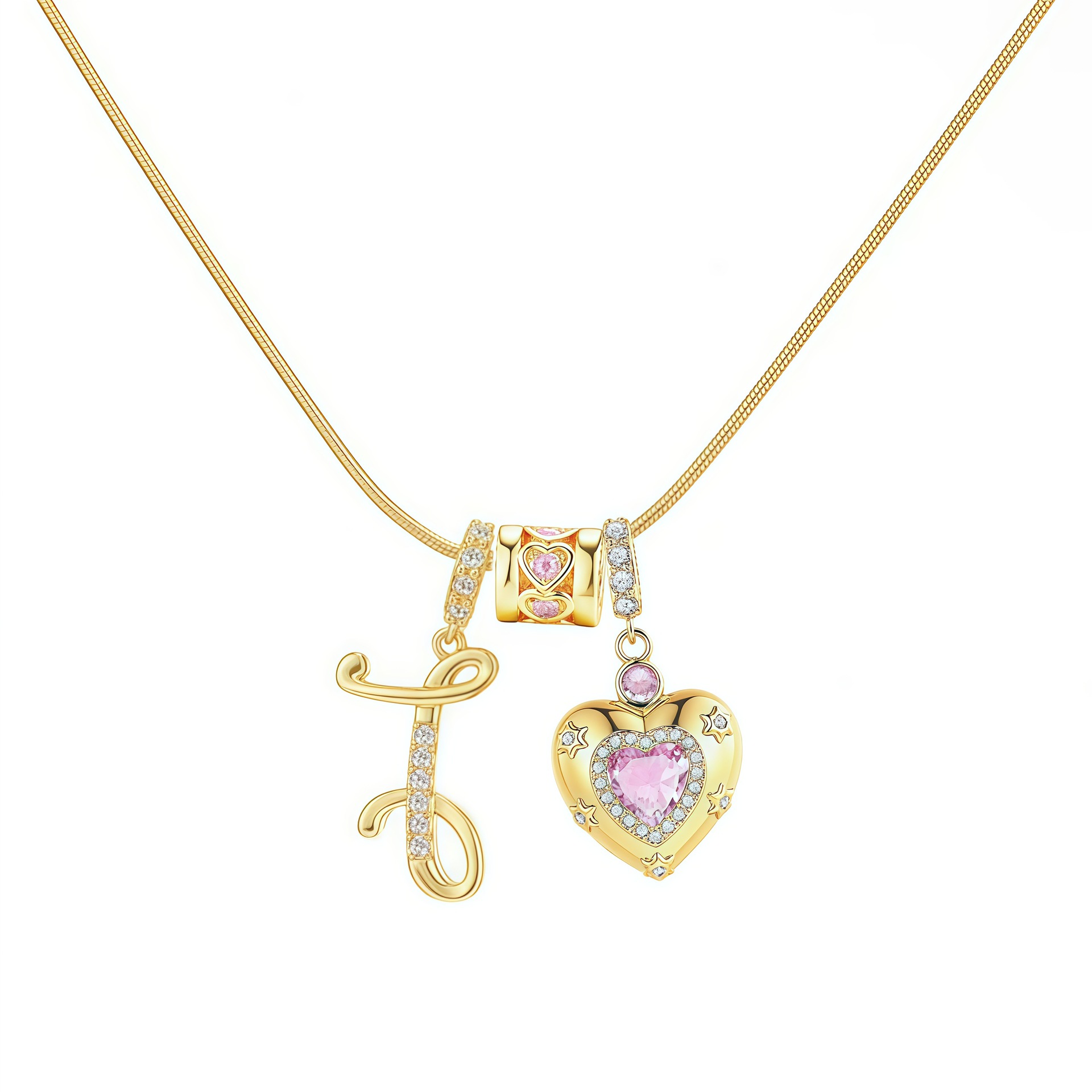 Dainty Heart Initial Letter DIY Necklace Series, 22K Gold Plated Stainless Steel Chain with Zircon Pendant