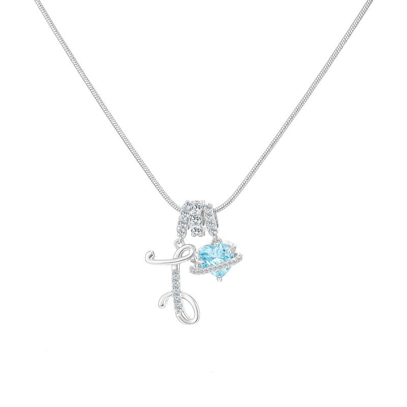 Best Friend Series, Ocean Blue Sweet Heart CZ Pendant Initial Necklace, Silver Stainless Steel Snake Chain Blue Zircon Heart Letter Necklace
