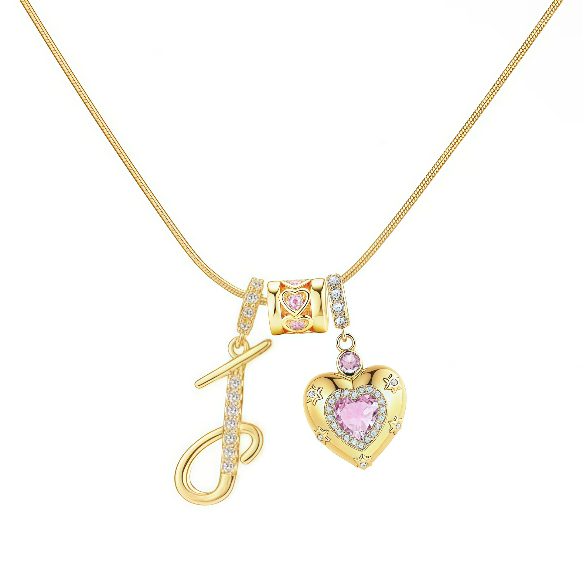 Dainty Heart Initial Letter DIY Necklace Series, 22K Gold Plated Stainless Steel Chain with Zircon Pendant