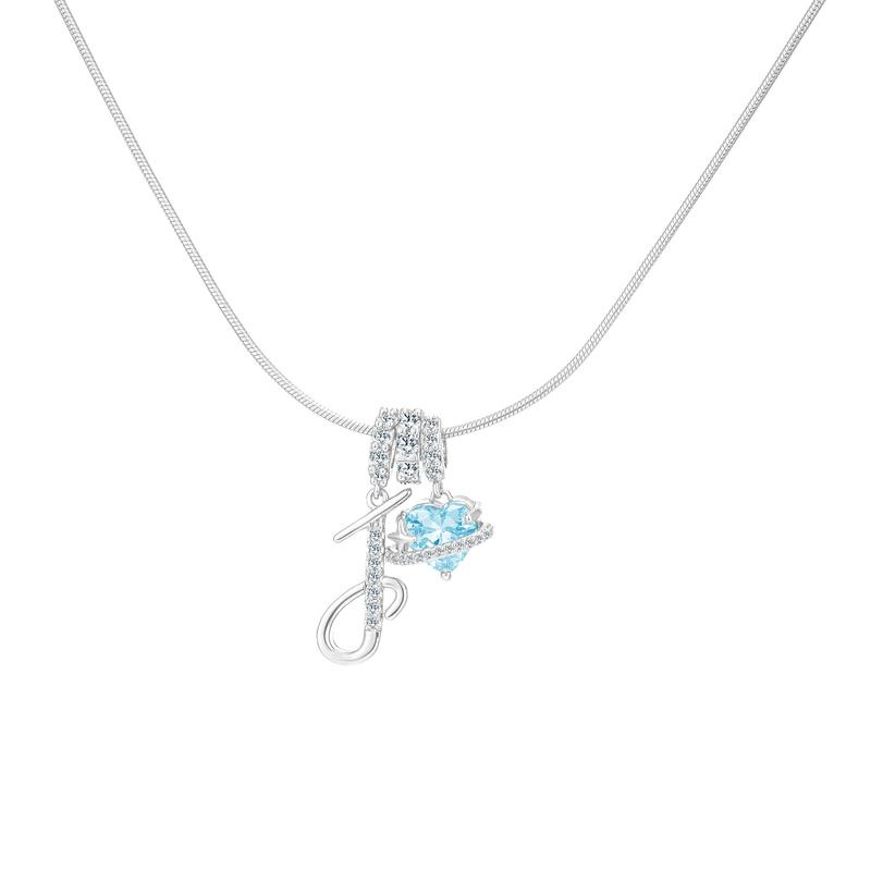 Best Friend Series, Ocean Blue Sweet Heart CZ Pendant Initial Necklace, Silver Stainless Steel Snake Chain Blue Zircon Heart Letter Necklace