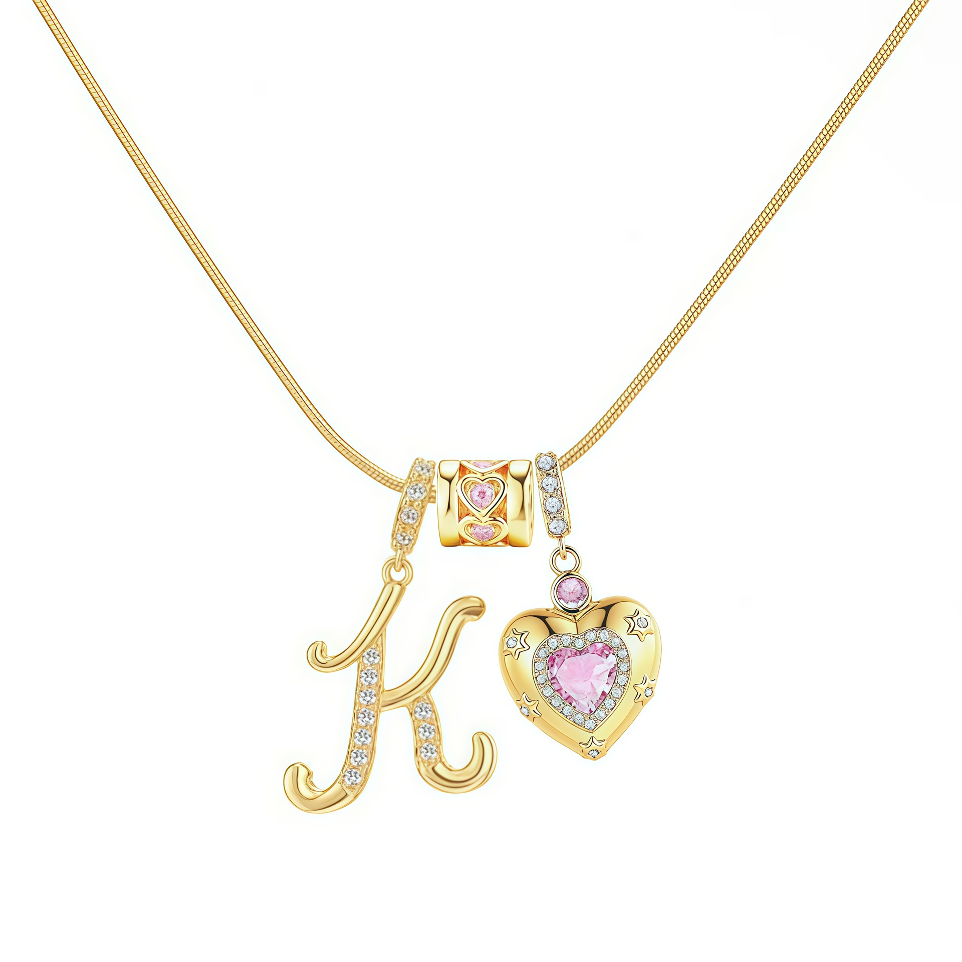 Dainty Heart Initial Letter DIY Necklace Series, 22K Gold Plated Stainless Steel Chain with Zircon Pendant
