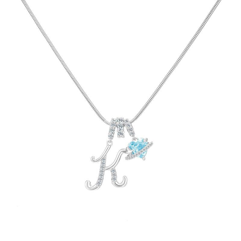 Best Friend Series, Ocean Blue Sweet Heart CZ Pendant Initial Necklace, Silver Stainless Steel Snake Chain Blue Zircon Heart Letter Necklace
