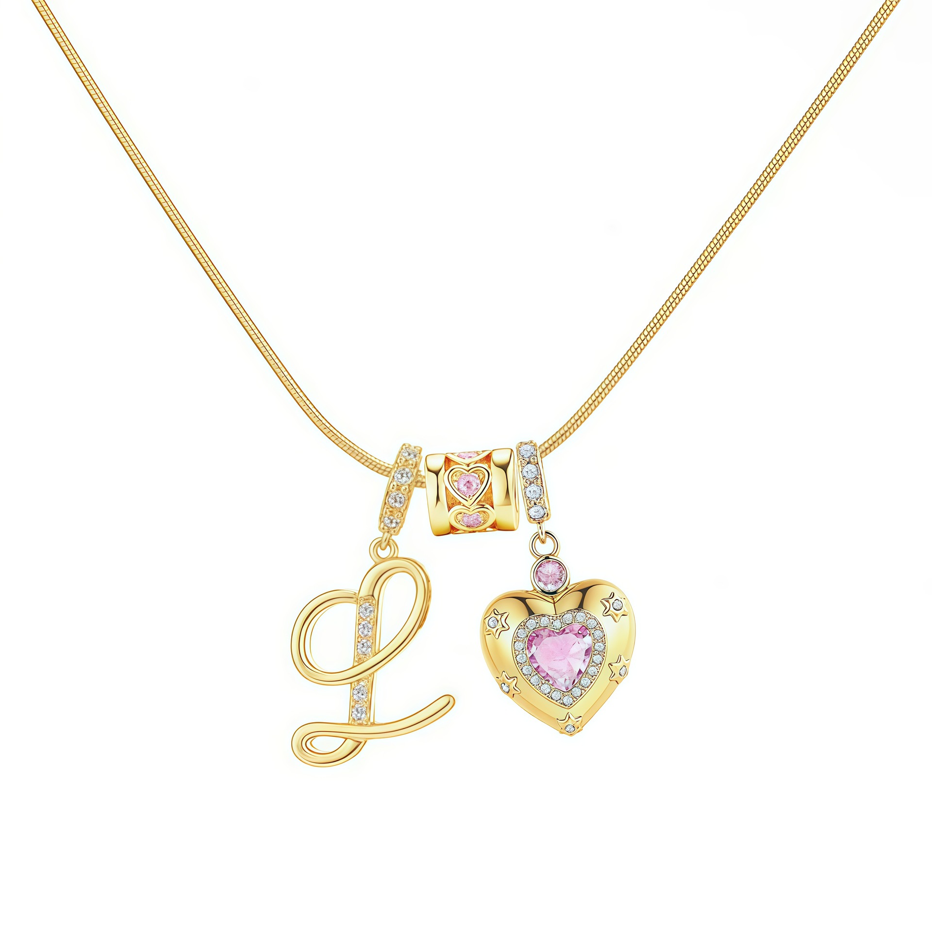 Dainty Heart Initial Letter DIY Necklace Series, 22K Gold Plated Stainless Steel Chain with Zircon Pendant