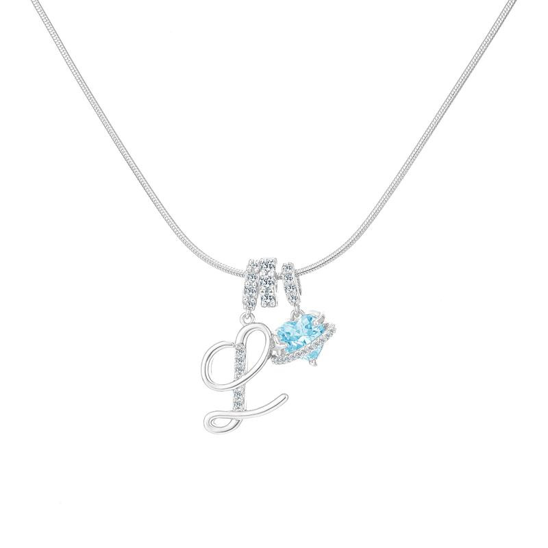 Best Friend Series, Ocean Blue Sweet Heart CZ Pendant Initial Necklace, Silver Stainless Steel Snake Chain Blue Zircon Heart Letter Necklace