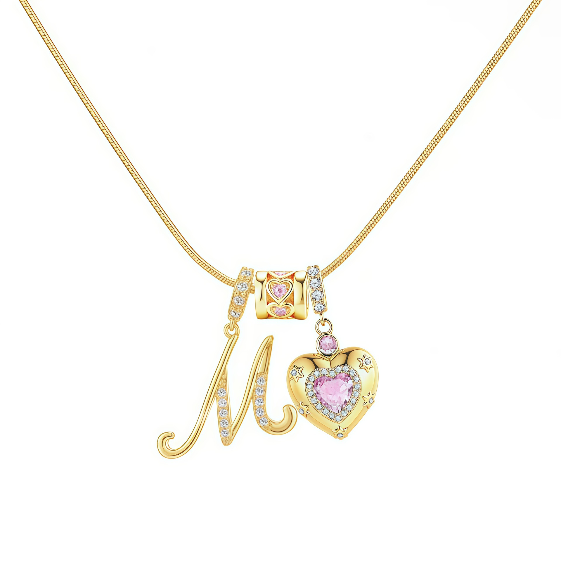 Dainty Heart Initial Letter DIY Necklace Series, 22K Gold Plated Stainless Steel Chain with Zircon Pendant