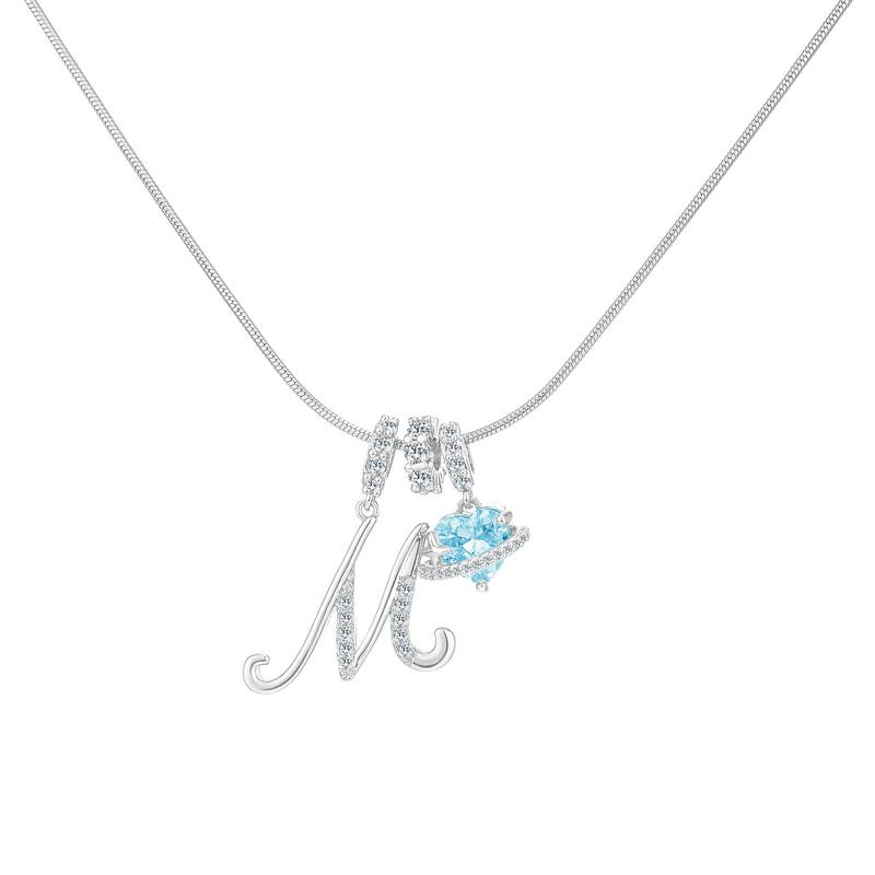 Best Friend Series, Ocean Blue Sweet Heart CZ Pendant Initial Necklace, Silver Stainless Steel Snake Chain Blue Zircon Heart Letter Necklace