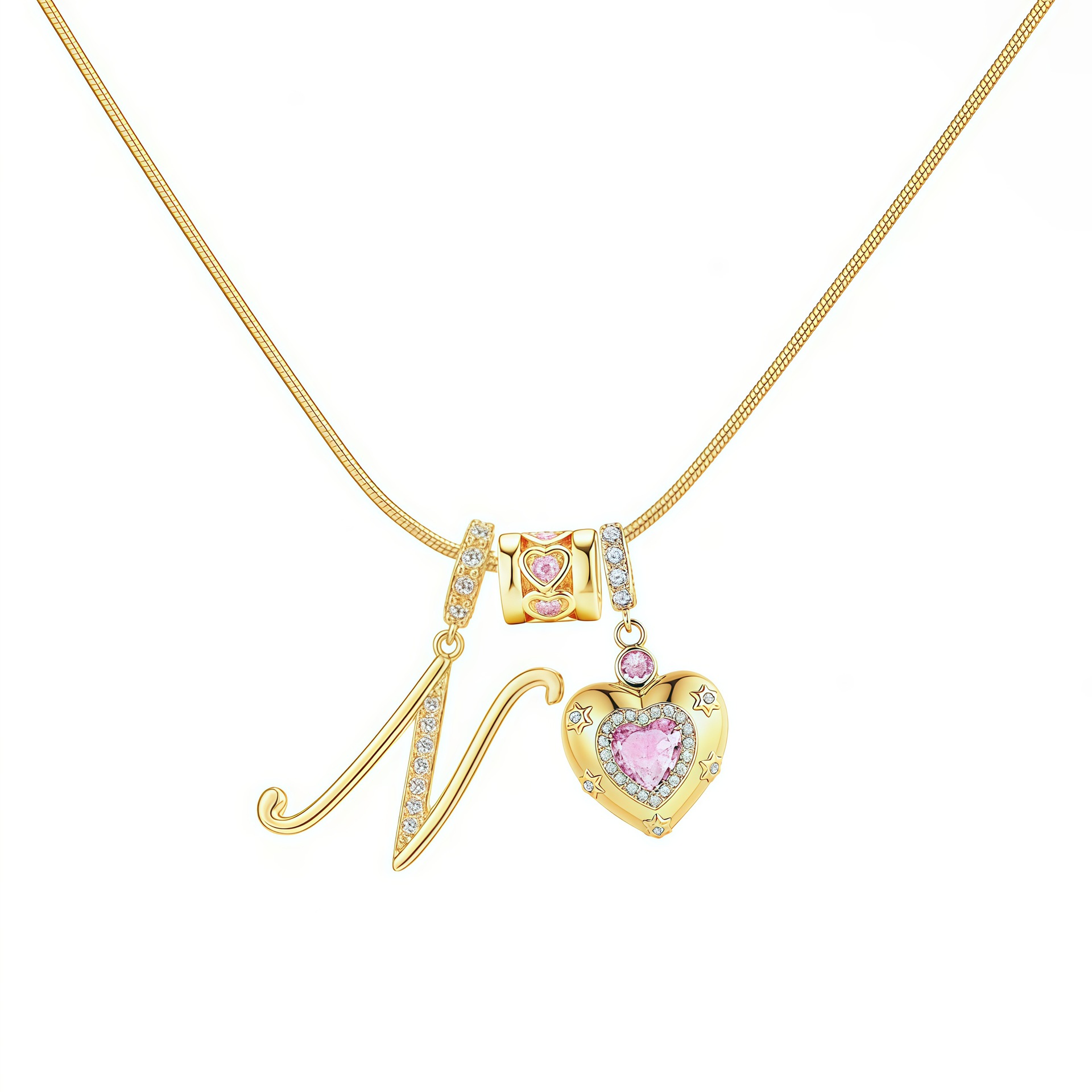 Dainty Heart Initial Letter DIY Necklace Series, 22K Gold Plated Stainless Steel Chain with Zircon Pendant