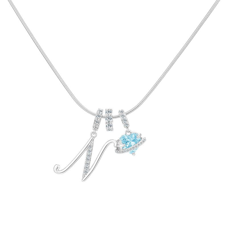Best Friend Series, Ocean Blue Sweet Heart CZ Pendant Initial Necklace, Silver Stainless Steel Snake Chain Blue Zircon Heart Letter Necklace