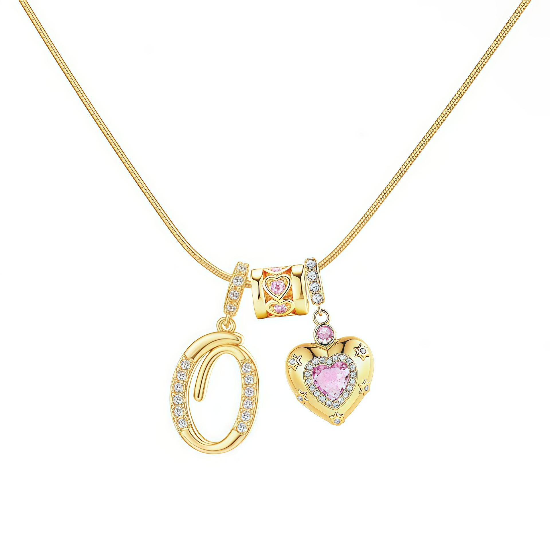 Dainty Heart Initial Letter DIY Necklace Series, 22K Gold Plated Stainless Steel Chain with Zircon Pendant