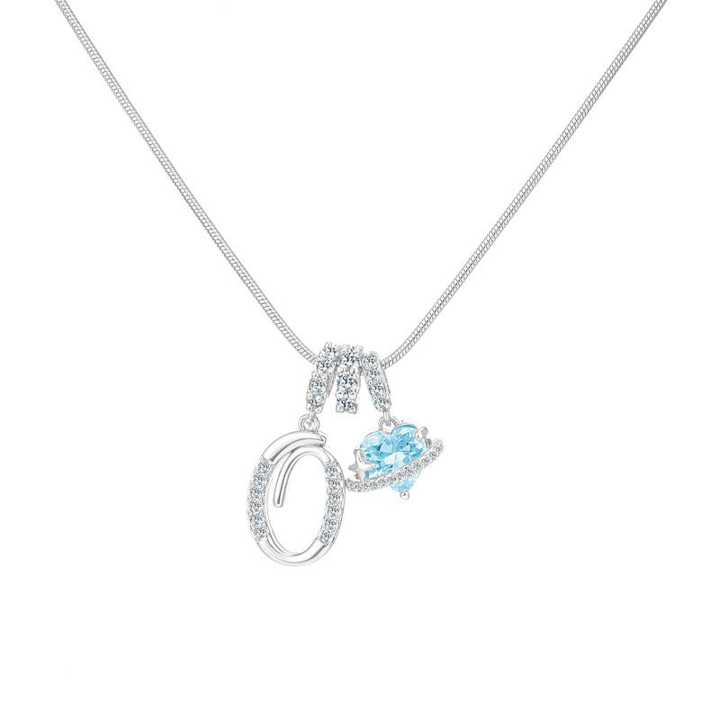 Best Friend Series, Ocean Blue Sweet Heart CZ Pendant Initial Necklace, Silver Stainless Steel Snake Chain Blue Zircon Heart Letter Necklace