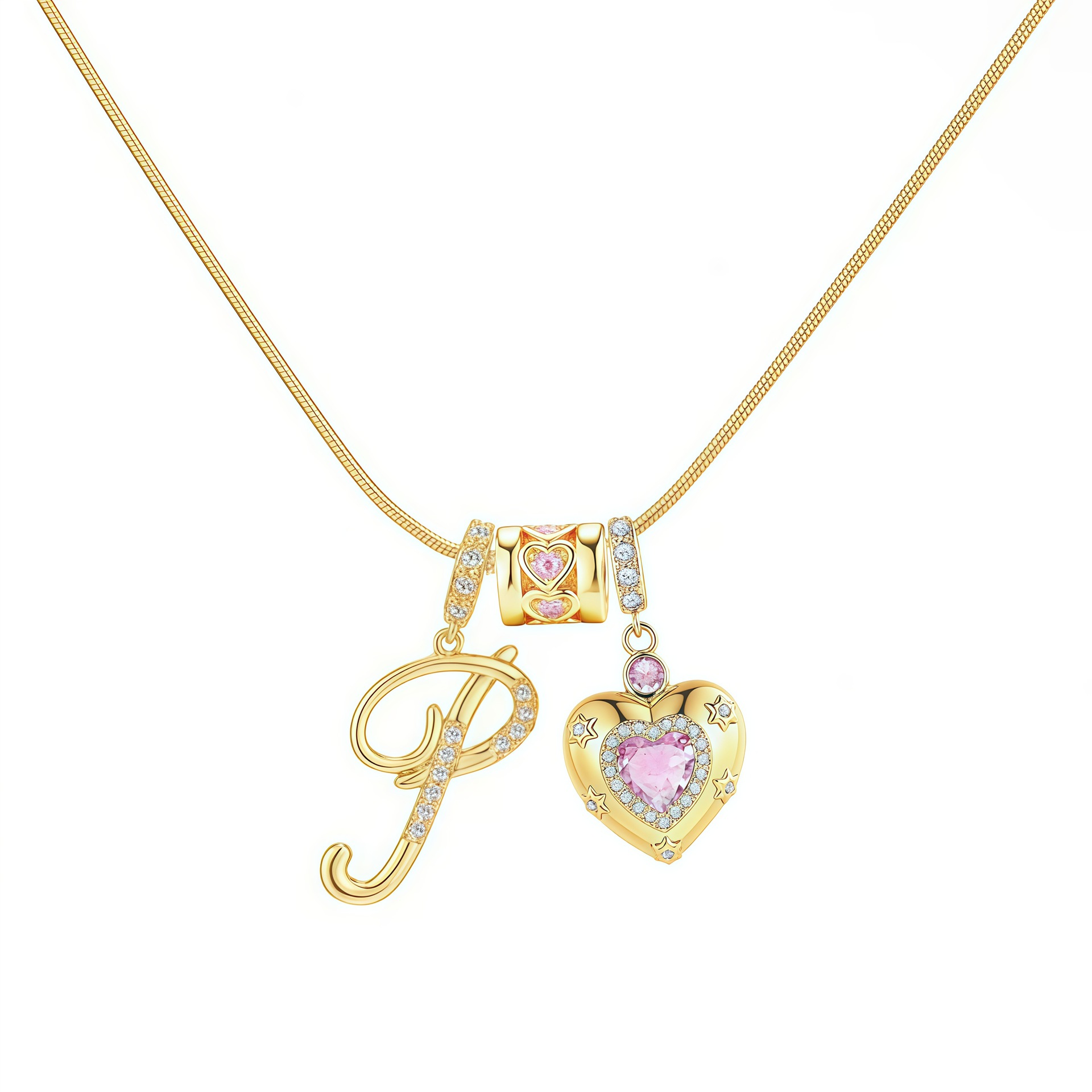 Dainty Heart Initial Letter DIY Necklace Series, 22K Gold Plated Stainless Steel Chain with Zircon Pendant