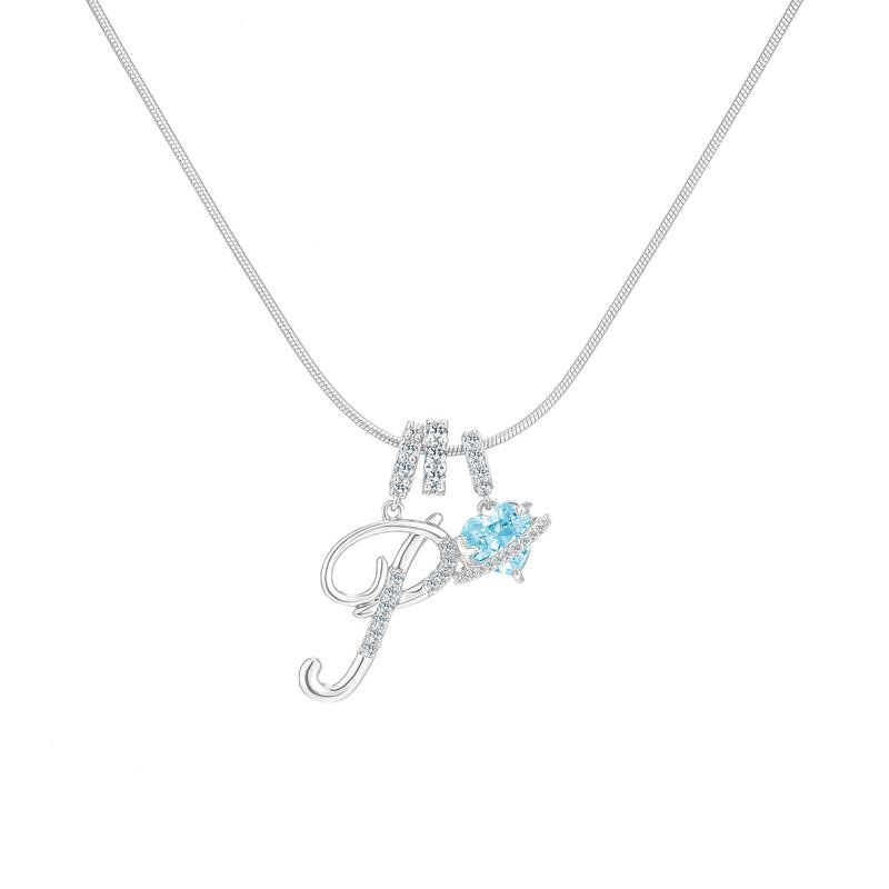 Best Friend Series, Ocean Blue Sweet Heart CZ Pendant Initial Necklace, Silver Stainless Steel Snake Chain Blue Zircon Heart Letter Necklace