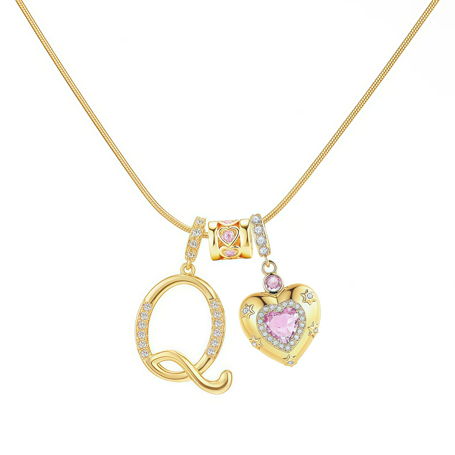 Dainty Heart Initial Letter DIY Necklace Series, 22K Gold Plated Stainless Steel Chain with Zircon Pendant