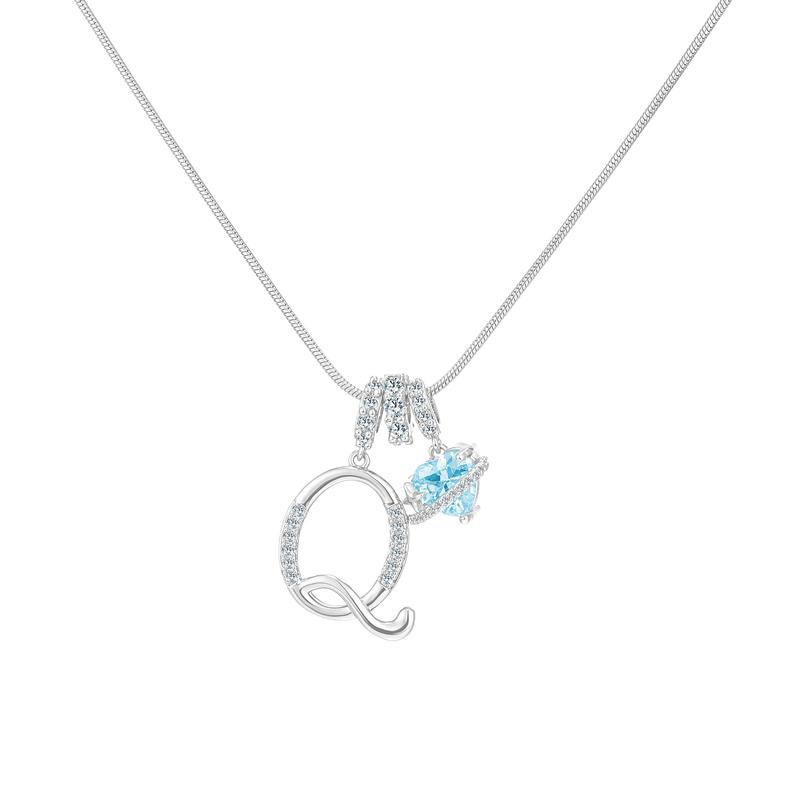 Best Friend Series, Ocean Blue Sweet Heart CZ Pendant Initial Necklace, Silver Stainless Steel Snake Chain Blue Zircon Heart Letter Necklace