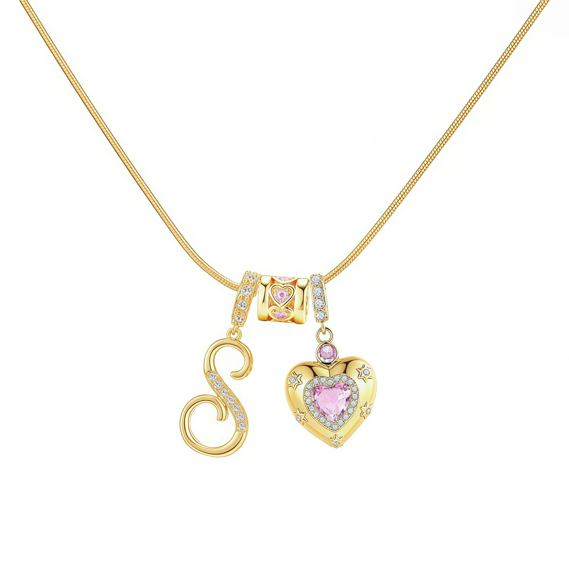 Dainty Heart Initial Letter DIY Necklace Series, 22K Gold Plated Stainless Steel Chain with Zircon Pendant