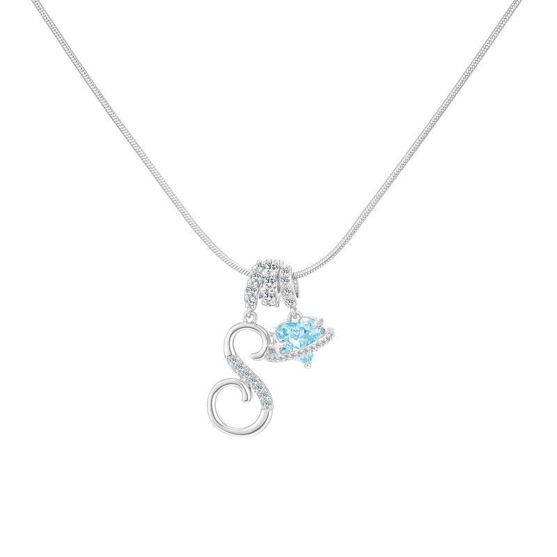 Best Friend Series, Ocean Blue Sweet Heart CZ Pendant Initial Necklace, Silver Stainless Steel Snake Chain Blue Zircon Heart Letter Necklace