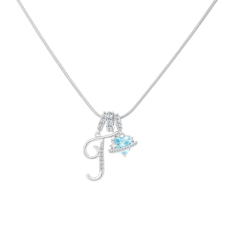 Best Friend Series, Ocean Blue Sweet Heart CZ Pendant Initial Necklace, Silver Stainless Steel Snake Chain Blue Zircon Heart Letter Necklace