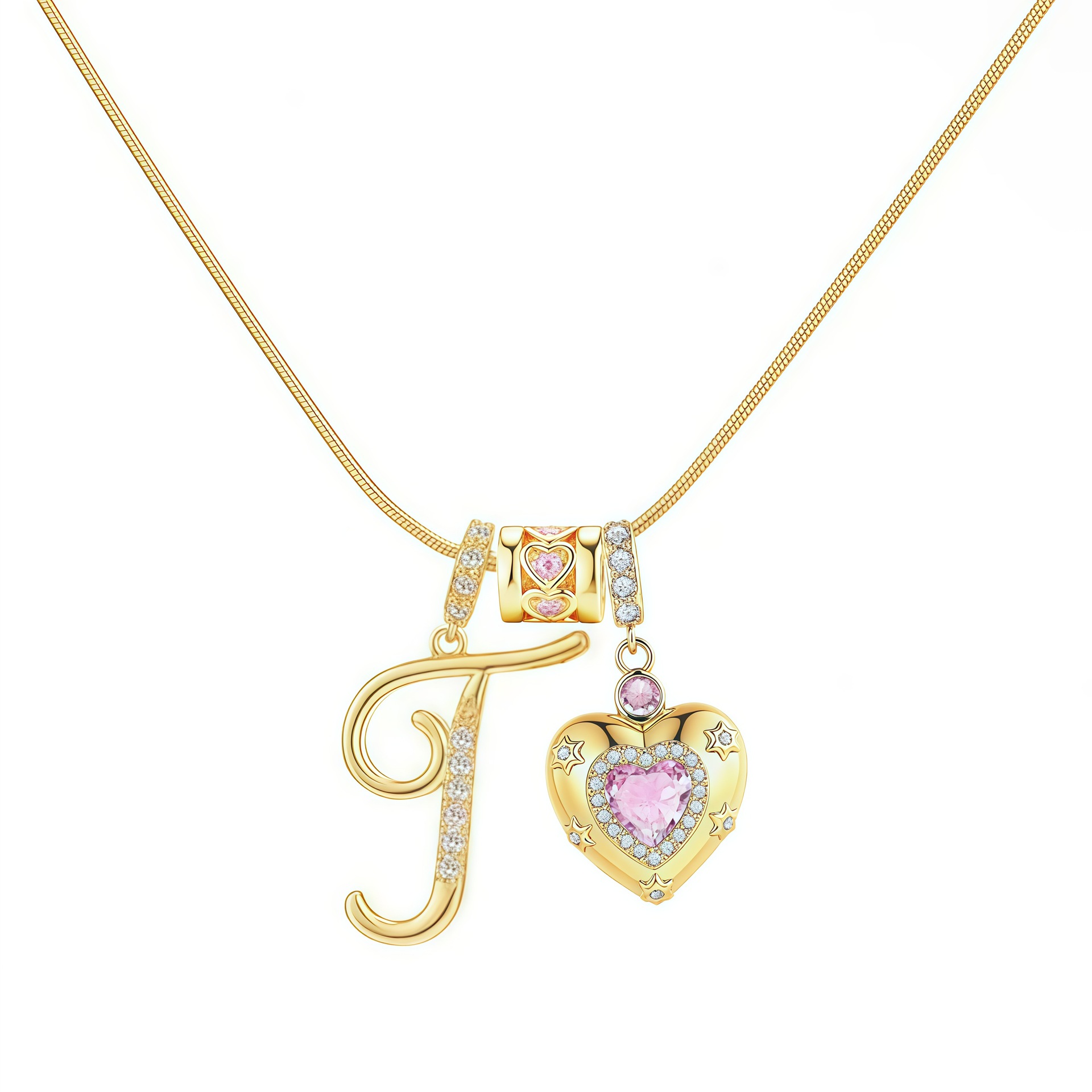 Dainty Heart Initial Letter DIY Necklace Series, 22K Gold Plated Stainless Steel Chain with Zircon Pendant