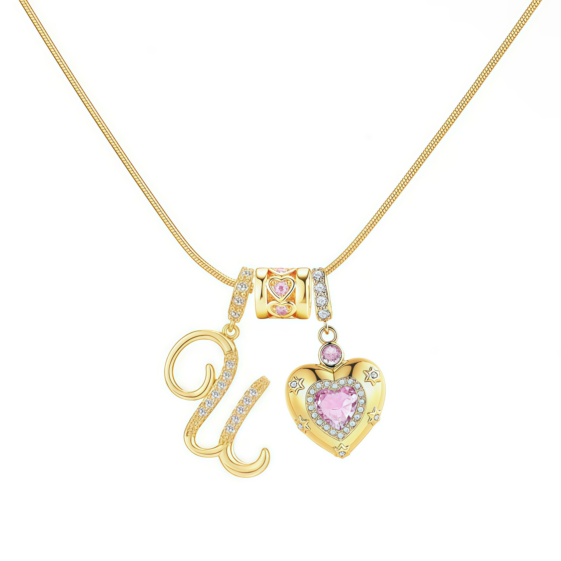 Dainty Heart Initial Letter DIY Necklace Series, 22K Gold Plated Stainless Steel Chain with Zircon Pendant
