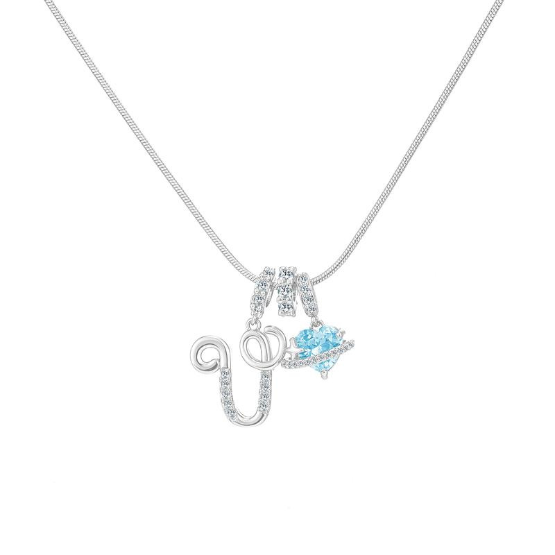 Best Friend Series, Ocean Blue Sweet Heart CZ Pendant Initial Necklace, Silver Stainless Steel Snake Chain Blue Zircon Heart Letter Necklace