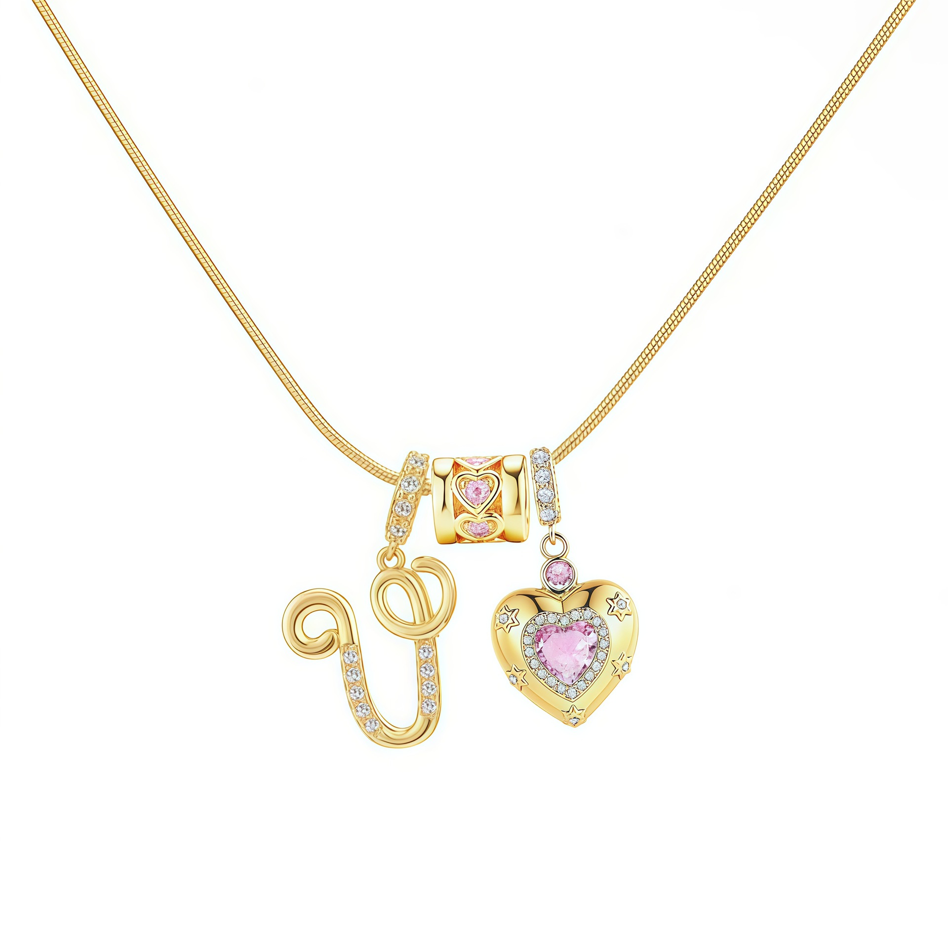 Dainty Heart Initial Letter DIY Necklace Series, 22K Gold Plated Stainless Steel Chain with Zircon Pendant